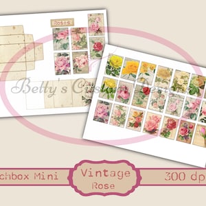 Puede incluir: Una hoja imprimible de imágenes de rosas vintage, ideal para manualidades. La hoja incluye 24 imágenes de rosas en varios colores y estilos, con un título que dice "Roses". La hoja está diseñada para manualidades de mini cajas de cerillas y es de 300 dpi.