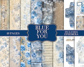 Blue for You - Junk Journal Kit - Digital Paper Prints - Scrapbook - Vintage Books - Ephemera - Antique Paper - Journal Pages