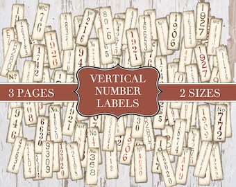 Vertical Number Labels  - Junk Journal Ephemera - Digital - Printable - Random Mix - Vintage Labels - Printable Labels