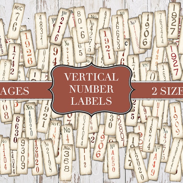 Vertical Number Labels  - Junk Journal Ephemera - Digital - Printable - Random Mix - Vintage Labels - Printable Labels