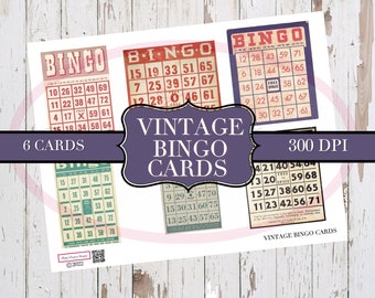 May include: Six vintage bingo cards with a red, white, and blue color scheme. The cards have numbers from 1 to 75. The cards are 300 DPI.