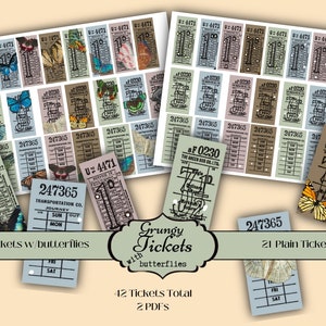 Grungy Tickets w/ Butterflies - Junk Journal - Embellishment - Shabby - Digital - Printable - Ephemera - Ticket - Butterfly