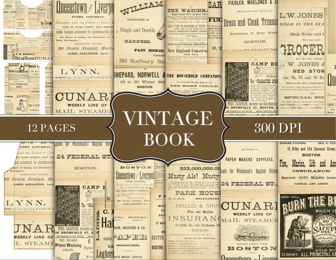 Vintage Book Journal Kit - Digital Paper Prints - Scrapbook - Vintage ...