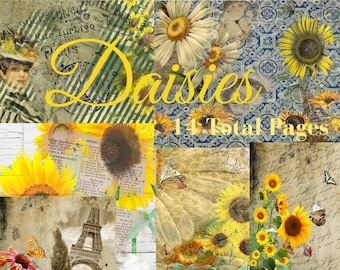 Daisies Junk Journal Kit - Digital Paper Prints - Scrapbook - Vintage Books - Ephemera - Antique Paper - Journal Pages