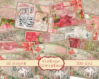 Puede incluir: Una colección de 18 páginas vintage con temática navideña. Las páginas presentan ilustraciones en acuarela de flores de pascua, escenas invernales con casas y efímeras vintage. La paleta de colores incluye tonos rojos, verdes y crema, con las palabras "Vintage Christmas".
