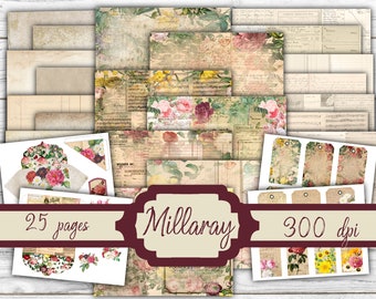 Millaray - Kit diario spazzatura - Stampe di carta digitale - Scrapbook - Libri vintage - Ephemera - Carta antica - Pagine di diario