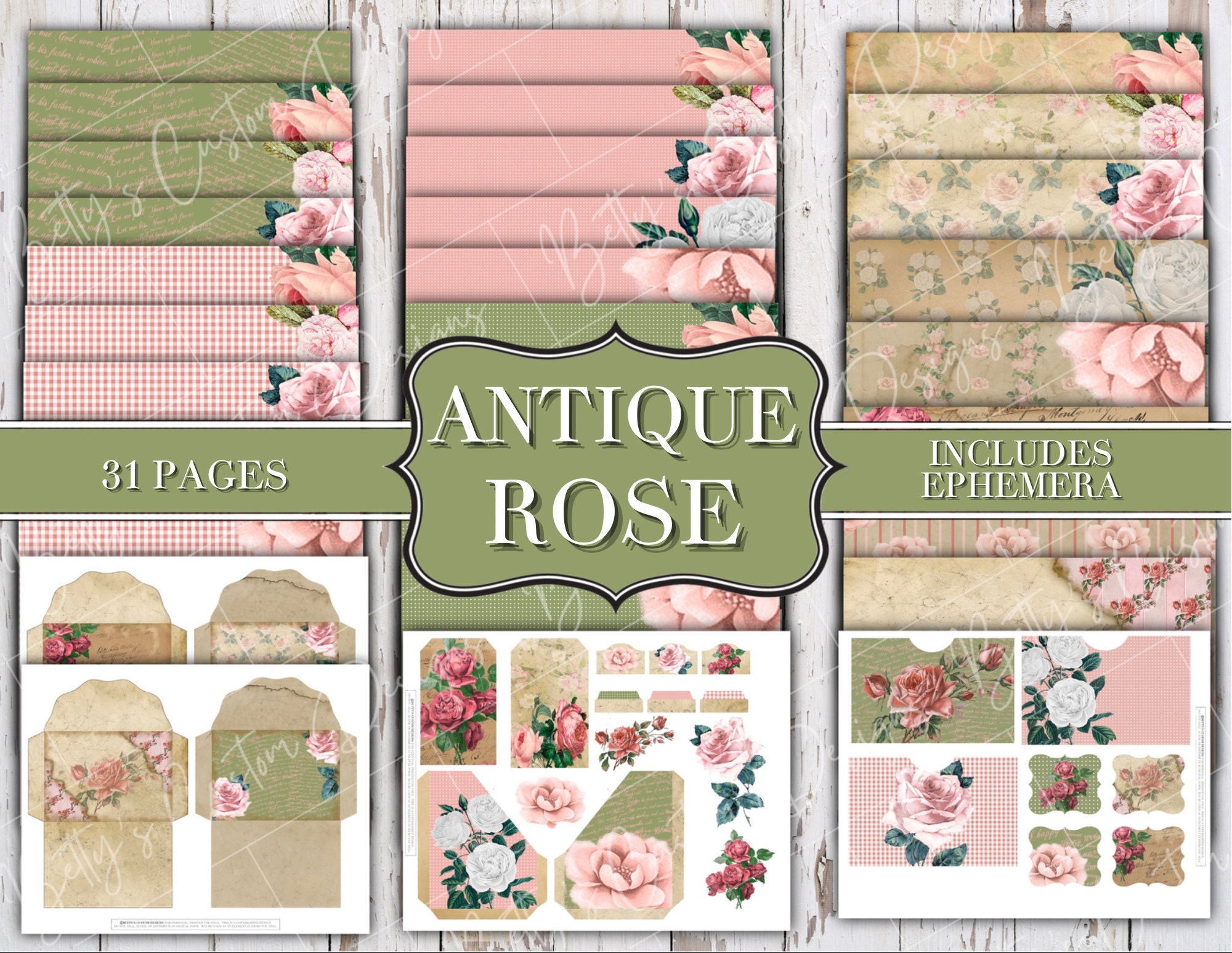 Antique Rose Junk Journal Kit - Digital Paper Prints - Scrapbook ...