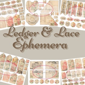 Ledger & Lace Ephemera  Kit - Digital Paper Prints - Scrapbook - Vintage Books - Ephemera - Antique Paper - Journal Pages