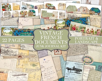 Vintage Franse documenten Junk Journal Kit - Etiketten - Junk Journal Ephemera - Versiering - Digitaal - Afdrukbaar - Vintage Label