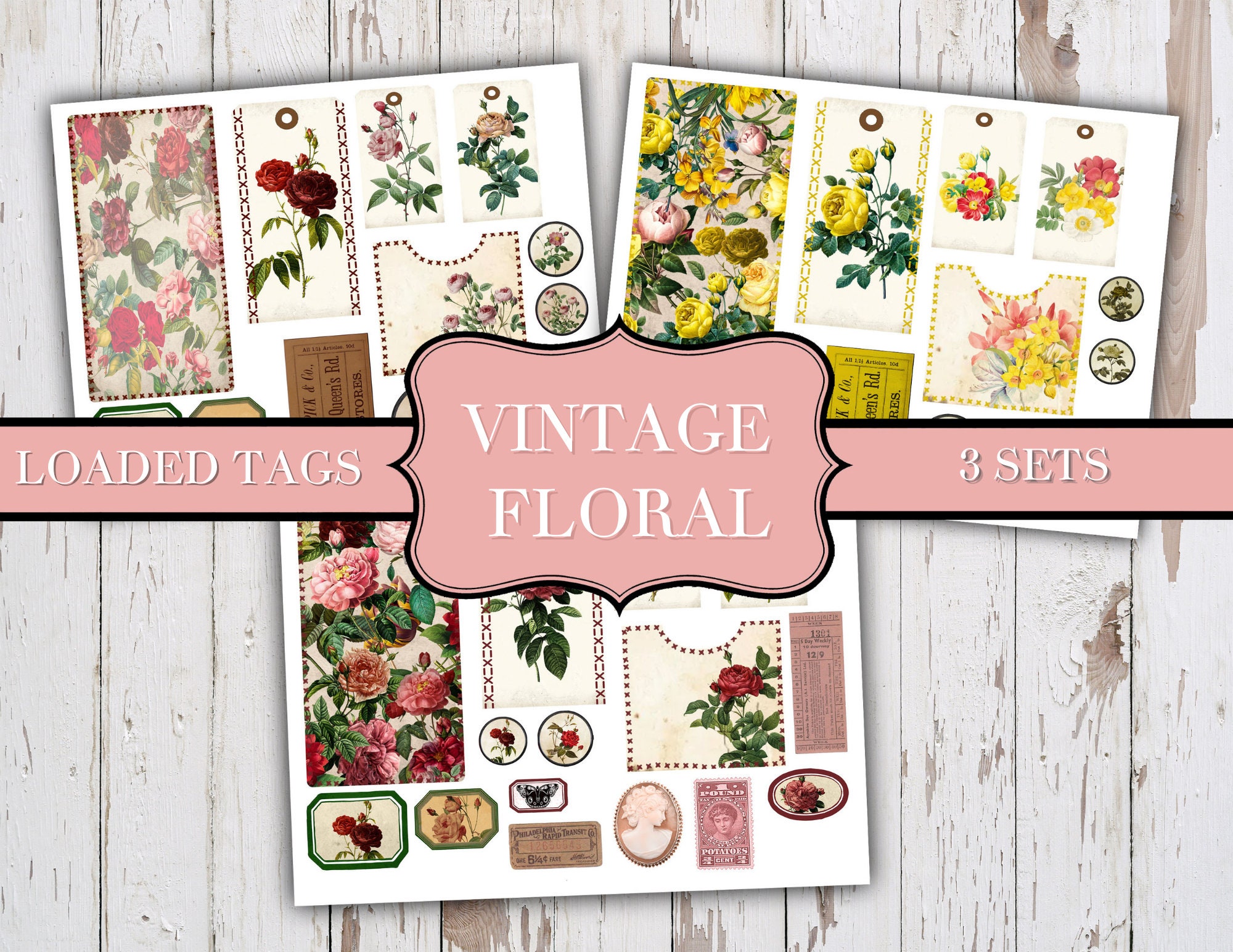 Vintage Floral Loaded Tags - Printable Tags - Junk Journaling Digitals ...