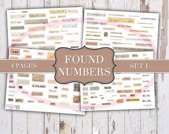 Numeri trovati Set I - Stampabile - Ephemera - Etichetta del diario spazzatura - Frasi del diario - Parole del diario - Etichette botaniche digitali