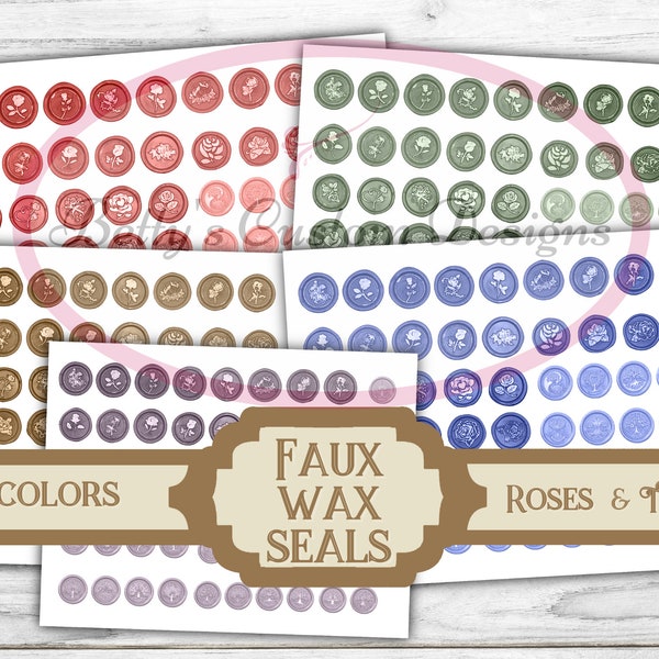 Faux Wax Seals - Roses & Trees - Junk Journal - Embellishment - Shabby - Digital - Printable - Ephemera - Ticket - Butterfly