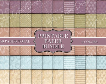 Printable Paper Bundle - 10 Designs - 5 Colors - Junk Journal Kit - Digital Paper Prints - Scrapbook - Vintage - Ephemera - Antique Paper