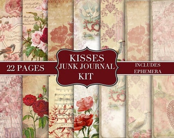 Kisses - Valentine Junk Journal Collection - Kit - Digital Paper Prints - Scrapbook - Vintage Books - Ephemera - Antique Paper -  Pages