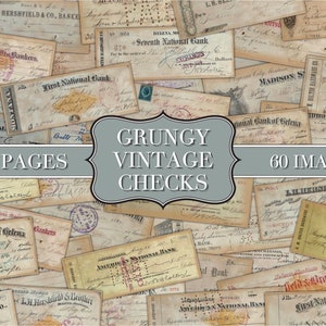 Cheques bancários vintage digitais - 10 páginas - 60 imagens - Pacote de coisas efêmeras - Junk Journal - Enfeite - Álbum de recortes - Download digital - Para impressão
