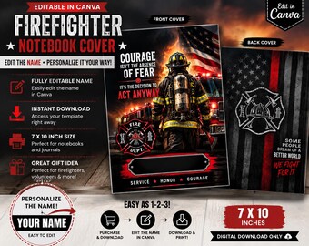 Editable Firefighter Notebook Cover Canva Template, Personalized Firefighter Gift, 7x10 Fireman Journal Cover, Digital Download