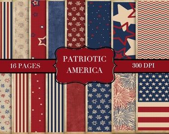 May include: A collection of 16 pages of digital paper with patriotic themes. The designs feature red, white, and blue patterns including stars, stripes, and fireworks. The words "PATRIOTIC AMERICA" are displayed in a decorative frame, along with "300 DPI".