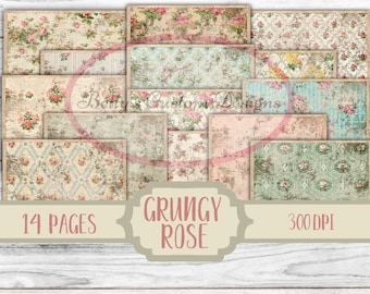 Grungy Rose Junk Journal Kit - Digital Paper Prints - Scrapbook - Vintage Books - Ephemera - Antique Paper - Journal Pages - Spring