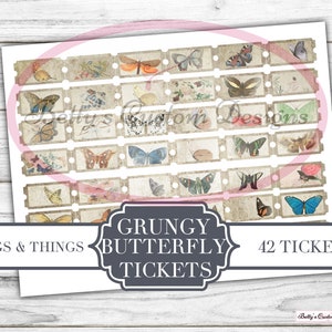 Grungy Butterfly Tickets - Printable - Ephemera - Junk Journal Label - Journal Phrases - Journal Words