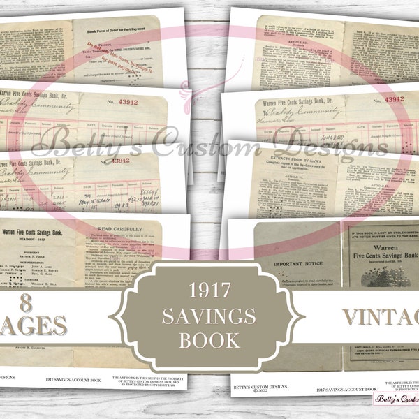 1917 Savings Account Record Book - Digital Download - Printable Ephemera - Junk Journal Embellishment - Scrapbook