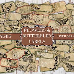 Flower & Butterfly Labels  - Junk Journal Ephemera - Digital - Printable - Random Mix - Vintage Labels - Printable Labels