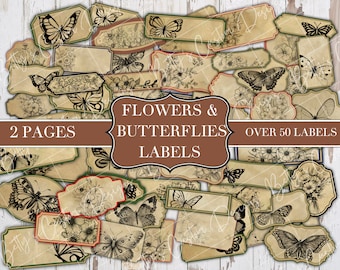 Etiquetas de flores y mariposas, Efímera de diario basura, Digital, Imprimible, Mezcla aleatoria, Etiquetas vintage, Etiquetas imprimibles