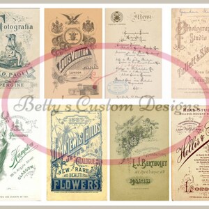 Op de afbeelding: Een collage van vintage advertenties en labels. De afbeeldingen tonen tekst in verschillende talen, waaronder Engels, Frans en Italiaans. Sommige van de advertenties zijn voor fotostudio's, bloemisten en kledingwinkels. De afbeeldingen zijn in verschillende stijlen, waaronder Victoriaans, Art Nouveau en Art Deco.