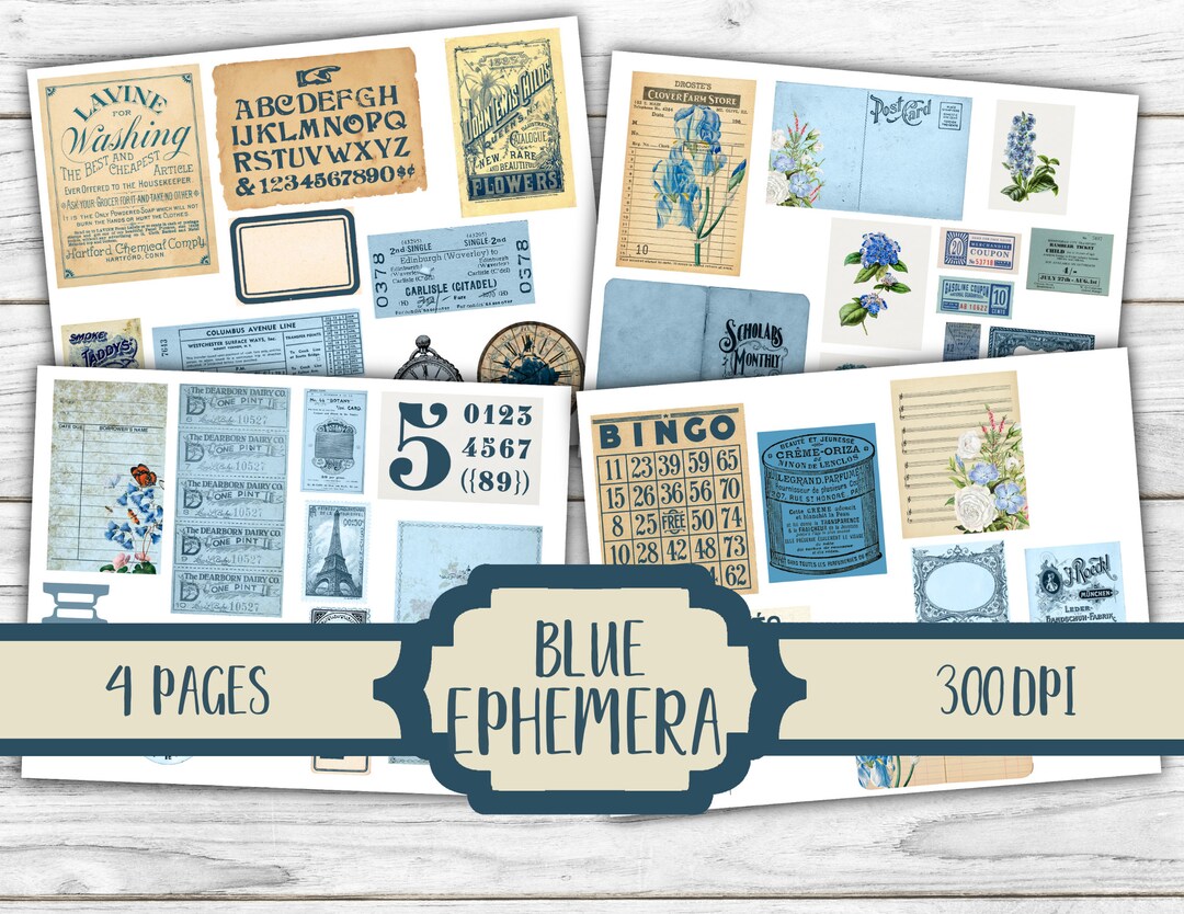 Blue Ephemera - Junk Journal Ephemera Kit - Digital Paper Prints ...