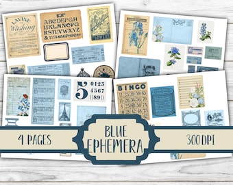 Blue Ephemera - Junk Journal Ephemera Kit - Digital Paper Prints - Scrapbook - Vintage Books - Ephemera - Antique Paper - Journal Pages