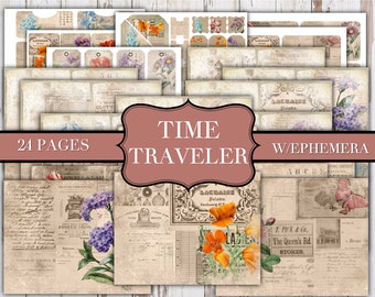 Viaggiatore del tempo - Kit diario spazzatura - Stampe di carta digitale - Scrapbook - Libri vintage - Ephemera - Carta antica - Pagine di diario