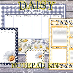 Puede incluir: Un kit de blocs de notas con un planificador semanal, una lista de tareas y hojas de notas. Los diseños incluyen acentos florales de margaritas, patrones de cuadros y lunares. El texto "DAISY this week" y "NOTEPAD KIT" es visible.