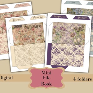 May include: A digital printable mini file book with four folders. The folders are decorated with vintage floral patterns and text. The folders are labeled "Journal", "Ephemera", "Notes", "Recipes", "Moments", "Memories", "Happiness", "Kindness".
