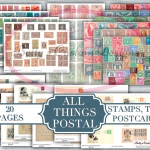 Tutte le cose postali - Kit diario spazzatura - Stampe di carta digitale - Scrapbook - Libri vintage - Ephemera - Carta antica - Pagine di diario