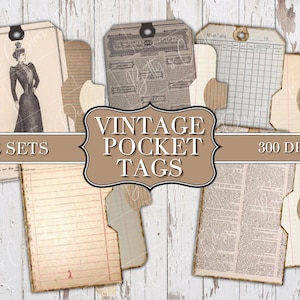 Könnte beinhalten: Fünf Sätze Vintage-Taschenanhänger mit verschiedenen Designs, darunter eine Frau in einem Vintage-Kleid, ein Zeitungsartikel, eine karierte Seite und eine linierte Seite. Die Anhänger sind 300 DPI.