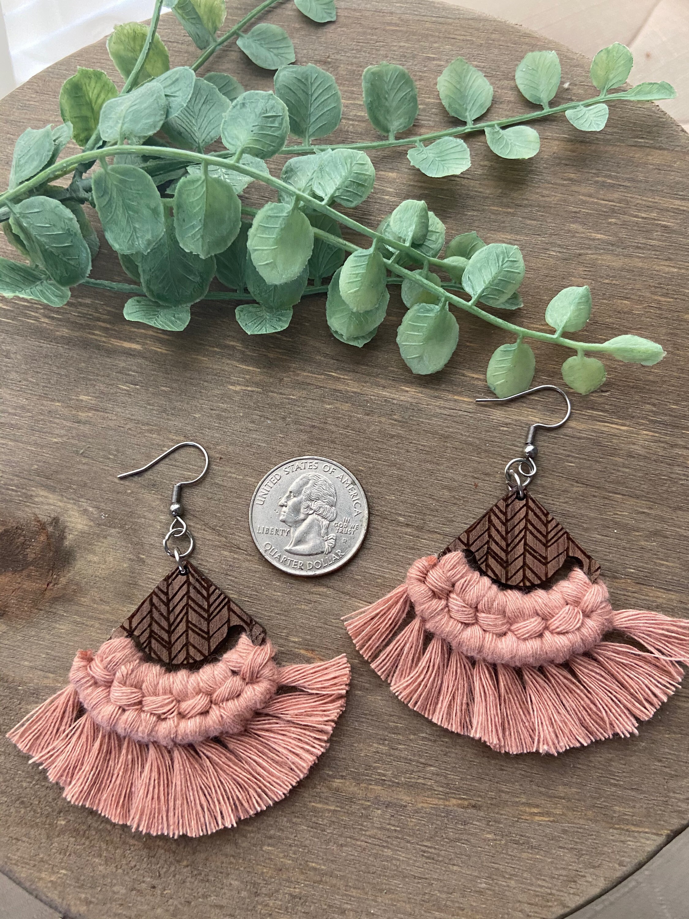 Wooden Engraved Macrame Earring Etsy