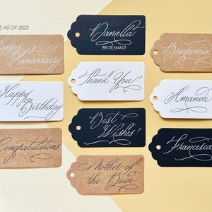Custom Calligraphy Gift Tags,Personalized Handwritten Name Tags with string,Event/ Party Favors, Kraft/White/Black Tags, Black/White Ink