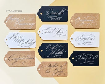 Custom Calligraphy Gift Tags,Personalized Handwritten Name Tags with string,Event/ Party Favors, Kraft/White/Black Tags, Black/White Ink