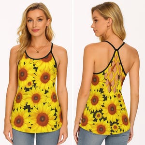 Women&#39;s Criss Cross Back Tank Top in Vibrant Yellow Sunflowers Print up to 5 XL in size