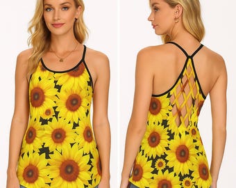 Sunflower Print Criss Cross Tank Top: Lebendiges Gelb Offener Rücken bis 5 XL in Größen