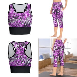Ensemble soutien-gorge de sport rose et noir feuilles et leggings avec poches jusqu&#39;à 5 XL pour l&#39;exercice ou le yoga