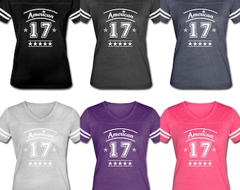 American 17 Womens Stripe Sleeve Tshirt for Lovers of Cool American Gear