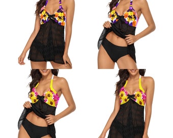 Two Piece Womens Bathing Suit Tankinis for Summer in Art Daisies & Art Violas designs