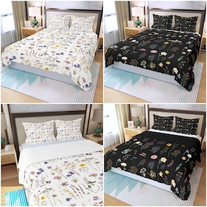 Wildflowers White Doona or Duvet Bed Cover Set in Various Sizes with Two Pillowcases Black or White