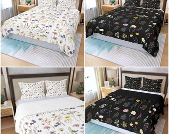 Wildflowers White Polyester Doona or Duvet Bed Cover Set in Various Sizes with Two Pillowcases Black or White