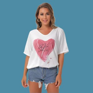 Womens White Bat Sleeve T-Shirt: Be Kind Heart V-Neck Top