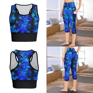 Blue and Black Leaves Sports Bra Top & Leggings with Pockets Set in sizes up to 5 XL for Exercise or Yoga