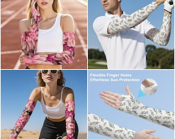 Sun or Cold Protection Arm Sleeves: Pink Chrysanthemum or Green Leaf Design