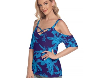 Criss Cross Strap Womens Top for Summer Up to 4 XL in size in Blue on Blue Leaves Design
