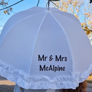 personalised White Frilly Wedding Umbrella