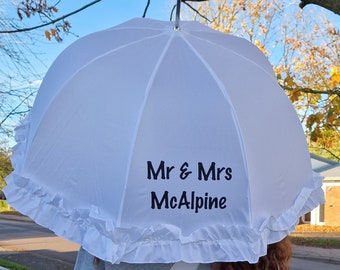 personalised White Frilly Wedding Umbrella